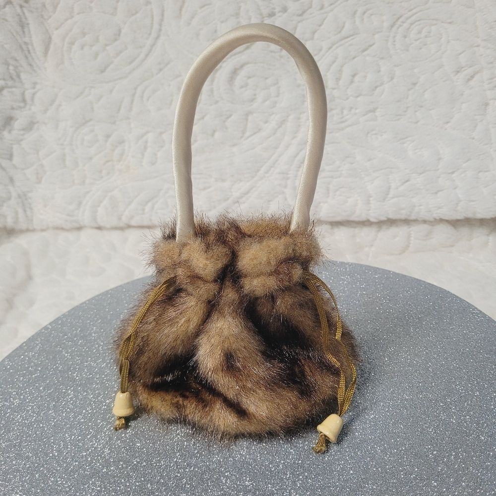 Brown Faux Fur Purse Drawstring Top Small Bag Satin Lined Rigid Handle Holiday